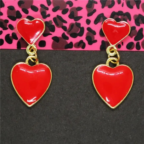 Betsey Johnson gold tone Red Enamel double heart drop earrings NWT - Picture 1 of 6
